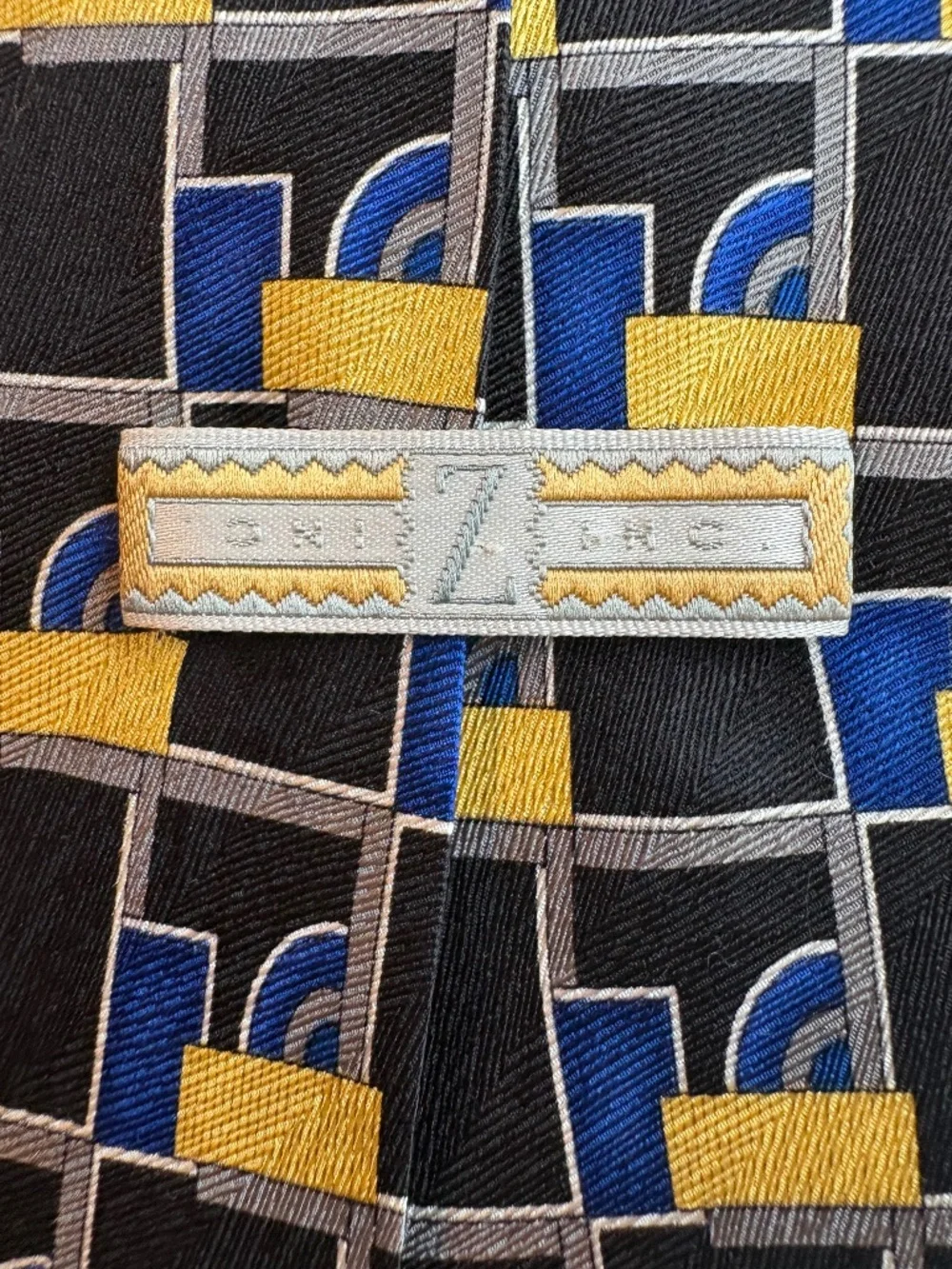 Vintage Z Inc Geometric Art Deco Silk Tie – Blue & Yellow Abstract Grid